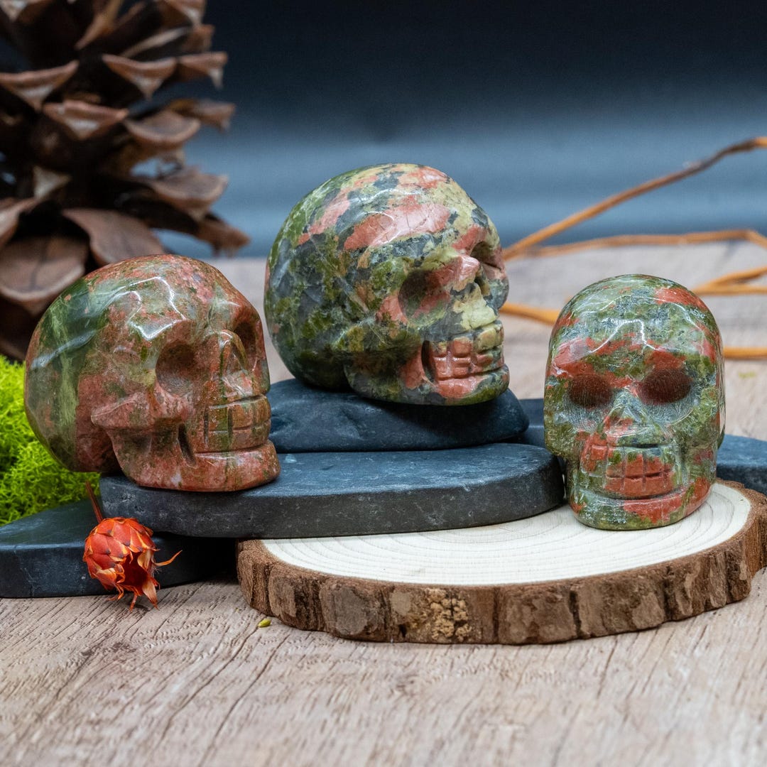 Green Pink Unakite Crystal Skull Carving Figurine Home Decor Stone Gift Green Pink Unakite Crystal Skull Carving Figurine Home Decor Stone Gift