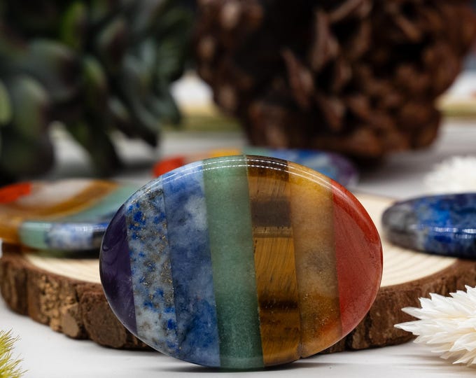 Rainbow 7 Chakra Pocket Worry Stone Natural Healing Crystal Meditation Relaxation Stress Relief Yoga Gift Calming Energy Spiritual Trinket