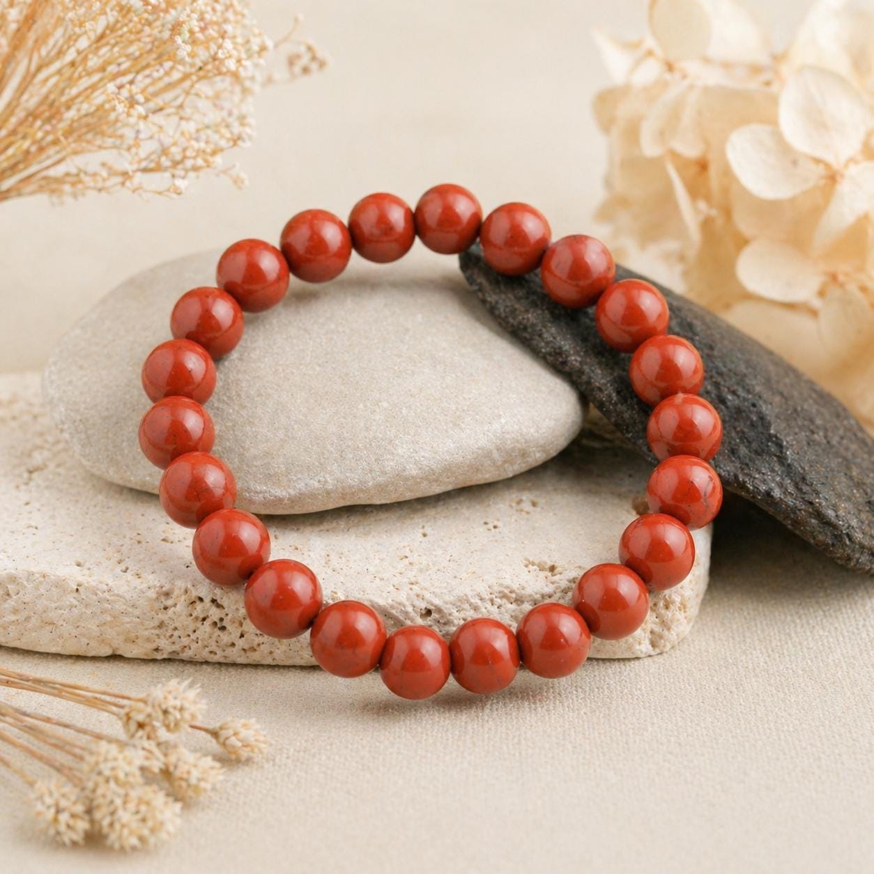Red Jasper Round Beaded Bracelet Healing Crystal Jewelry Grounding