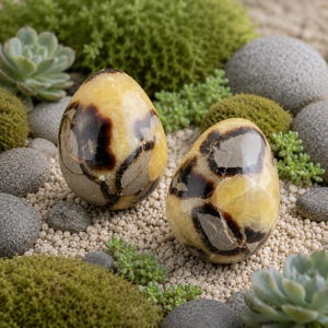 Puede incluir: Dos piedras pulidas en forma de huevo con un acabado liso y brillante, que presentan un patrón distintivo de vetas de color amarillo crema, marrón oscuro y gris. Las piedras son redondeadas y simétricas, mostrando variaciones minerales.