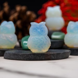 Opalite Crystal Owl Carving Stone Healing Protection Trinket Bird Lover Tier Tray Home Decor Blue Owl Figurine Gift Trinket for Wisdom Blue