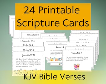May include: A stack of 24 printable scripture cards with Bible verses. The cards have a white background with black text. The text "24 Printable Scripture Cards" is in a yellow rectangle. The words "KJV Bible Verses" are at the bottom.