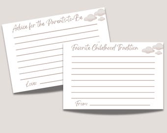 May include: Two printable cards featuring a cloud design. The first card reads "Advice for the Parents-to-Be" and has lines for writing. The second card reads "Favourite Childhood Tradition" and has lines for writing.