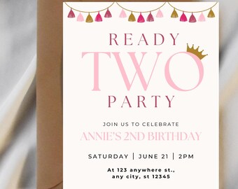 Girl's 2nd Birthday Party Invitation, Ready Two Party, Canva Template (Digital Download)