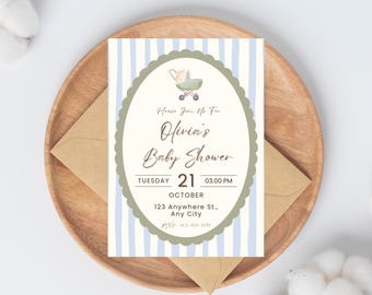 Plantilla de invitación neutra para baby shower, invitación para baby shower, unisex, baby shower verde y azul, invitación para baby shower de primavera