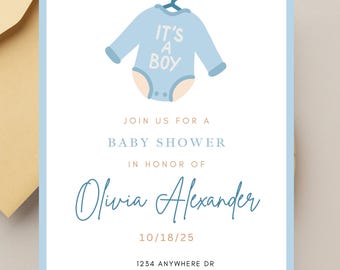 Blue Baby Shower Invitation, Minimalist Boy Invite (Digital Download)