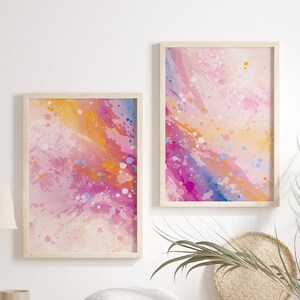 Conjunto de 2 - Respingo de tinta colorida para impressão - Arte abstrata de parede em pastel magenta e amarelo - Download digital brilhante, alegre e divertido