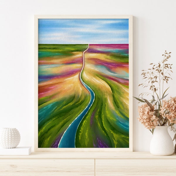 Colorful Landscape Digital Download - Countryside Open Plains Printable - Prairie Grassland Arial View With River - Hand Painted Wall Art