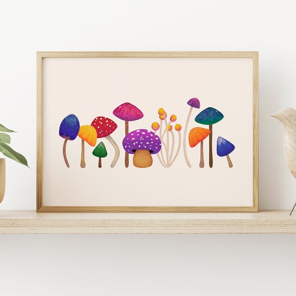 Colorful Mushroom Printable - Toadstool Decor Print - Fun Fall Wall Art - Whimsical Mushroom Illustration - Nature Lover Gift