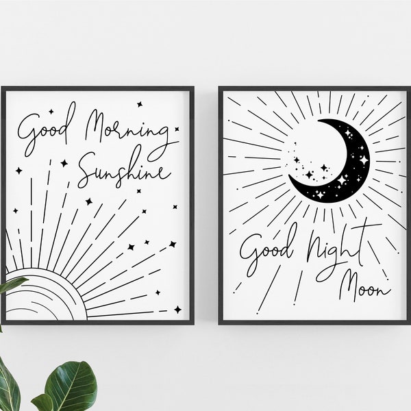 Set of 2 Good Morning Sunshine Good Night Moon Printable - Bedroom Wall Art - Neutral Minimalist Typography Decor - Nursery Room Decor