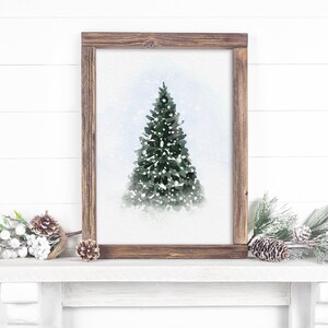 Christmas Pine Tree Digital Download - Snowy Evergreen Tree Printable - Holiday Watercolor Print - Winter Wonderland Mantle Decor