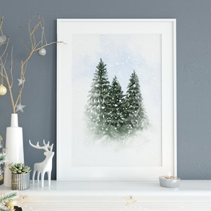 Christmas Pine Forest Digital Download - Snowy Pine Trees Printable - Holiday Watercolor Print - Winter Christmas Tree Wall Art