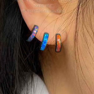 Titanium Fire Opal Clicker Thick Hoop 16G Gauge Earrings Wedding Jewelry, Stackable Hoop for Conch, Helix, Cartilage, Birthday Gift For Her