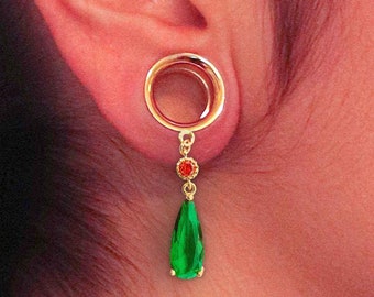 Stainless Steel Gauge Earrings, Green Cubic Zirconia Dangle, Bridal Gifts
