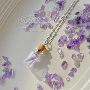 Peut inclure: Un collier en chaîne argentée avec un petit pendentif en forme de bouteille de verre rempli de cristaux d'améthyste violets. La bouteille est munie d'un bouchon en liège. Le collier est entouré de cristaux d'améthyste en vrac sur un fond blanc.
