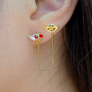 Sakura Cartoon Magic Wand Mismatched Earrings 1 Pair, Cute Girl Earrings 18K Gold Vermeil Hypoallergenic, Women Earrings Her Birthday Gift