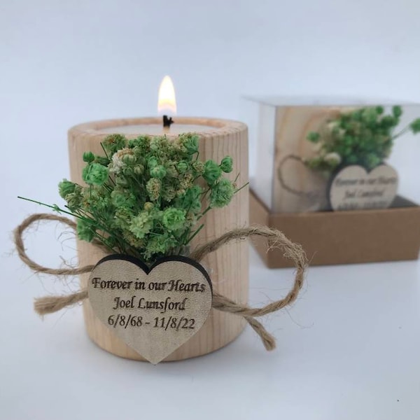 Velas funerarias personalizadas para favores de servicio conmemorativo, 50 piezas de velas personalizadas RIP a granel, para siempre en nuestros corazones, en el amoroso recuerdo de las velas.