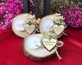 Personalized Wood Candle Favors, Rustic Tealight Holders, Bulk Wedding Favors