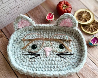 Crocheted Cat Glasses Holder: Handmade Plush Eyeglass Tray