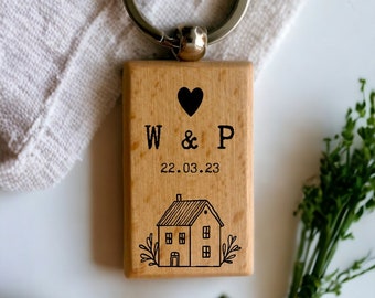 Personalised Couples Keyring - Anniversary Wooden Key Ring New House Engraved Key Chain - Housewarming Gift For Women Them Husband Wife