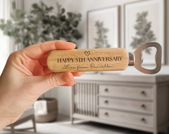 Anniversary Bottle Opener - 5 Year Wood Wedding - Engraved Mens Anniversary Gift - Personalised Funny Keepsake For Him - Valentines Day