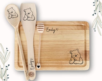 Winnie The Pooh Kitchen Bundle - Pooh Chopping Board - Engraved Name Spatula - Pooh Honey Dipper - Personalised Wooden Spoon Gift for Women