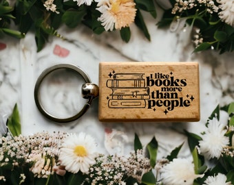 Book Keyring - Personalised Keyring - Keyring For Women - Engraved Keyring For Her - I Love Books More Than People Gift - Wooden Key Chain