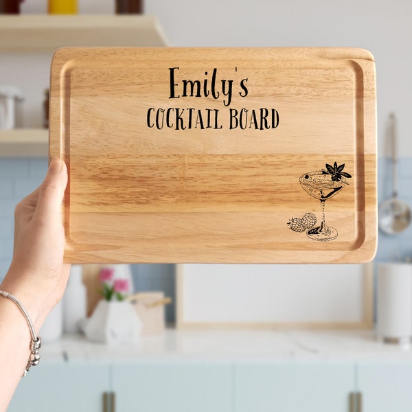 Cocktail Chopping Board - Personalise Name Drinking Gift - Engraved Kitchen Decor - Wooden Gin Cutting Board - Alcohol Birthday Housewarming