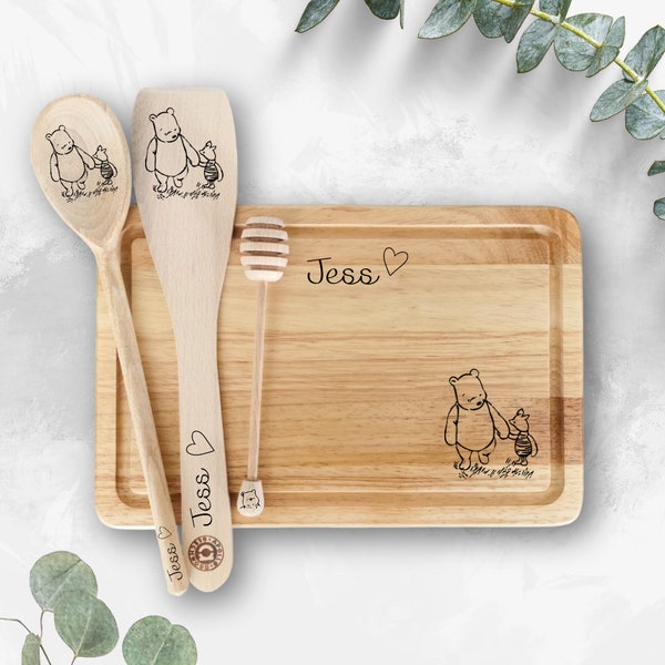 Winnie The Pooh Cooking Set - Pooh Chopping Board Bundle - Womens Engraved Name Spatula - Pooh Honey Dipper - Personalised Wooden Spoon Gift