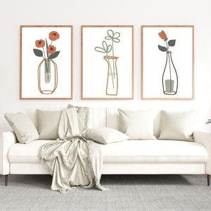 Boho wall Art Set of 3 Prints, Boho Wall Art, Line art flowers, Printable Modern Art Poster Bundle,Minimal abstract wall decor art