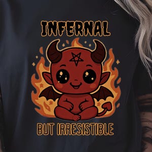 Infernal but Irresistible T-Shirt, Cute Chibi Kawaii Demon, Goth Punk Witchy Unisex Top, Halloween Samhain Gift