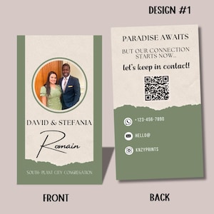 May include: A business card design with a photo of a couple, the names "David & Stefania", and the name "Romain". The back of the card has the text "Paradise Awaits" and contact information, including a QR code.