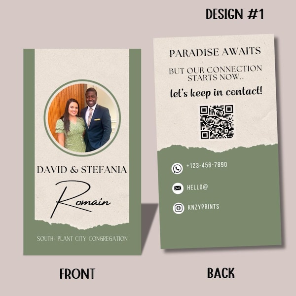 May include: A two-sided business card design featuring a sage green and cream color scheme. The front displays a circular photo of a couple, the names David & Stefania Romain, and South-Plant City Congregation. The back includes a QR code.