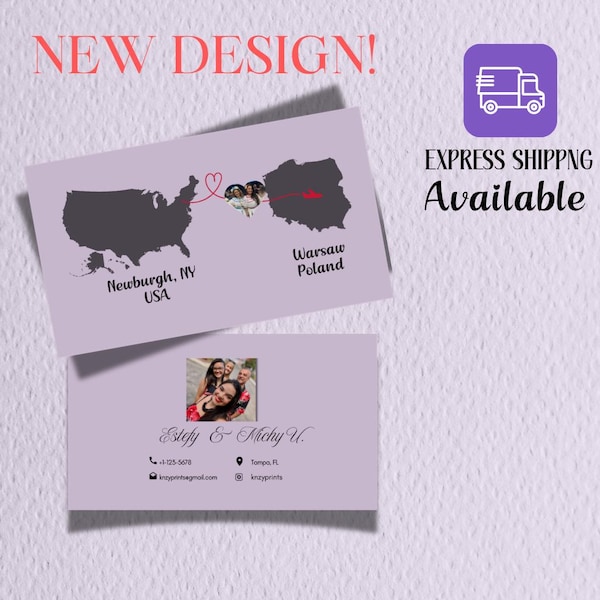 May include: A light purple business card featuring a map of the USA and Poland connected by a red line and heart, with the text NEW DESIGN!, EXPRESS SHIPPING Available, Newburgh, NY USA, Warsaw Poland, Estefy & Michy U., contact details, and a photo.