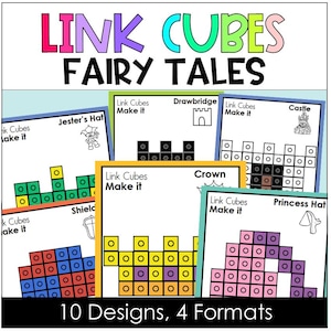May include: A colorful educational product titled "LINK CUBES FAIRY TALES" with various designs. The image shows cards with designs like a jester's hat, drawbridge, castle, shield, crown, and princess hat. The text indicates 10 designs in 4 formats.