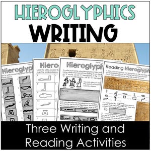 May include: Three black and white worksheets for learning about Ancient Egyptian hieroglyphics. The worksheets include activities for writing, reading, and decoding hieroglyphics. The worksheets feature images of hieroglyphics and instructions for completing the activities.