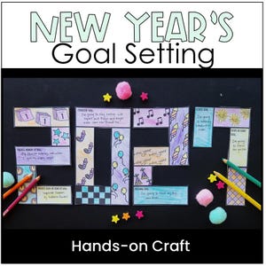 Puede incluir: Un proyecto de manualidades New Year's Goal Setting con forma del n&uacute;mero 2017. Cada d&iacute;gito se compone de secciones de papel coloreadas a mano con texto, dibujos de globos, gorros de fiesta, fuegos artificiales y notas musicales, acentuado con pompones y l&aacute;pices de colores.