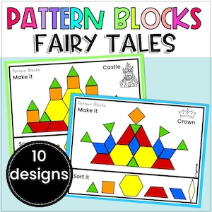 Blocos de padrões de contos de fadas matemáticos para impressão, cartões de tarefas, atividades de design, formas 2D, centro de sala de aula, atividade de matemática