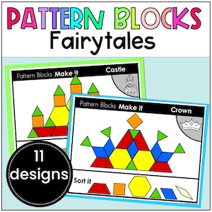 May include: Educational game featuring colorful geometric shapes to create fairytale designs. The image shows two cards with instructions to build a castle and a crown using pattern blocks. The text reads "Pattern Blocks Fairytales" and "11 designs."