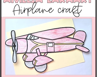 Puede incluir: Una manualidad de avión de papel rosa y amarillo con el texto "Amelia Earhart Airplane Craft" y "Famous Transatlantic Plane".