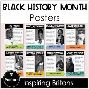 Pósters de británicos famosos del Mes de la Historia Negra. Íconos británicos imprimibles para exhibir en el aula o la biblioteca.