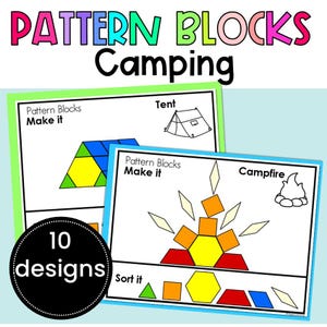 Blocos de padrões de tema de acampamento de matemática para impressão, cartões de tarefas, formas 2D, centro de sala de aula, atividade de matemática