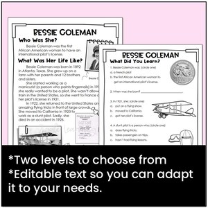 Bessie Coleman Writing Craft Activity and Reading Text Women's History ...