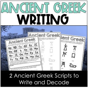 Puede incluir: Hojas de trabajo educativas sobre escritura griega antigua. La imagen muestra imprimibles con el alfabeto griego y símbolos para decodificar palabras. El título "ANCIENT GREEK WRITING" está en la parte superior, con el texto "2 Ancient Greek Scripts to Write and Decode" en la parte inferior.
