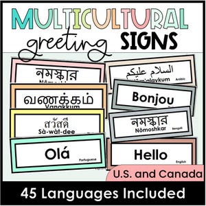 Hello in Different Languages, Greetings, Multicultural, Multilingual Signs, Printable, ESOL, EFL, ELL, for America, Canada
