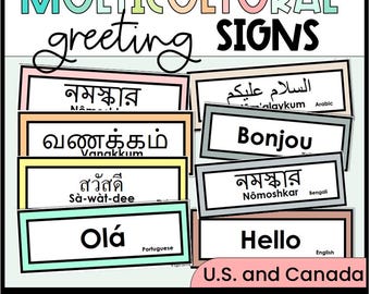 Hello in Different Languages, Greetings, Multicultural, Multilingual Signs, Printable, ESOL, EFL, ELL, for America, Canada