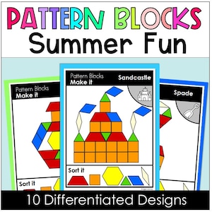 May include: Colorful educational printables with the text "Pattern Blocks Summer Fun". The image shows three cards with different designs, including a sandcastle and a spade. The text "10 Differentiated Designs" is also visible.