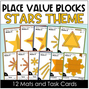 Può includere: Un set di schede didattiche sul valore posizionale con un tema a stelle. Le schede presentano forme di stelle e blocchi gialli, con la scritta "Place Value Stars Make it". Il set include 12 tappetini e schede attività.