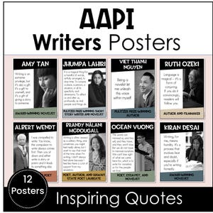 Può includere: Una collezione di 12 poster AAPI Writers con ritratti in bianco e nero di autori tra cui Amy Tan, Jhumpa Lahiri, Viet Thanh Nguyen, Ruth Ozeki, Albert Wendt, Brandy Nalani McDougall, Ocean Vuong e Kiran Desai con citazioni.
