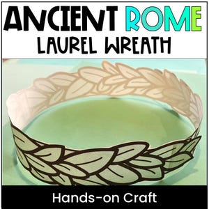 Könnte beinhalten: Ein Lorbeerkranz aus Papier mit dem Text "Ancient Rome Laurel Wreath" und "Hands-on Craft". Der Kranz besteht aus Papier mit grünem Hintergrund. Die Blätter sind schwarz umrandet.